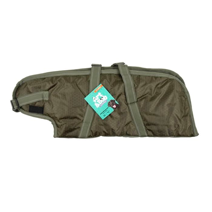 Green dog coat with a tag on a white background at Pet Servo