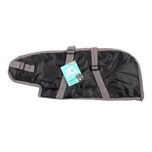 Black pet coat with gray straps on a white background at Pet Servo