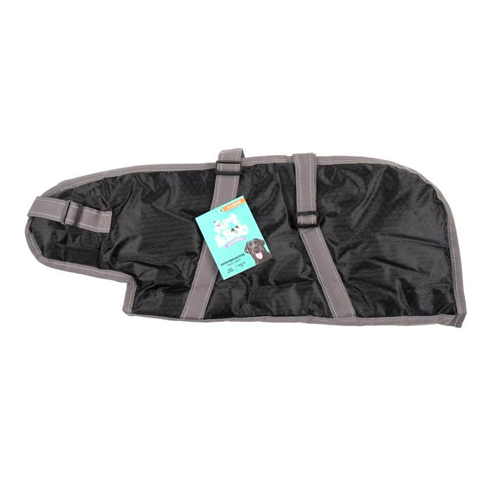Black pet coat with gray straps on a white background at Pet Servo