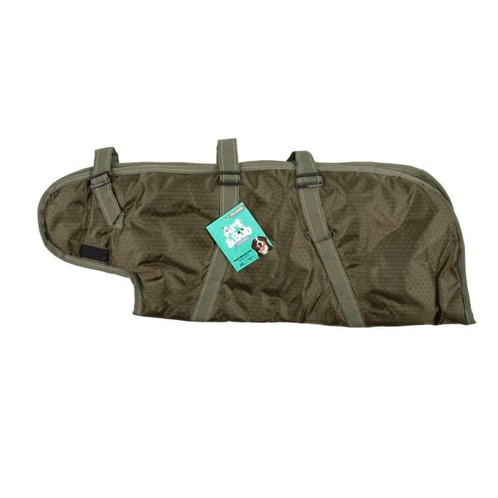 Green dog coat with a tag on a white background