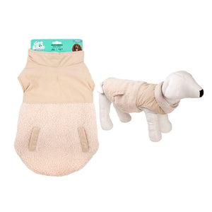 Beige dog coat with a white dog wearing it on a white background at Pet Servo