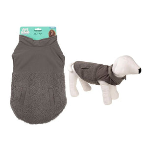 Gray dog sweater with a white dog model wearing it on a white background