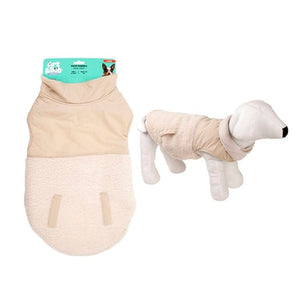 Beige pet coat with a white dog wearing it on a white background