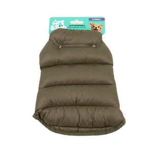 Green dog puffer jacket with packaging on a white background