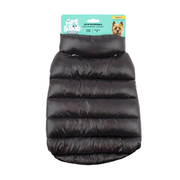 Black dog puffer jacket with a visible brand label on a white background at Pet Servo