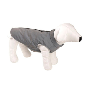 Gray dog coat on a white dog mannequin against a white background at Pet Servo