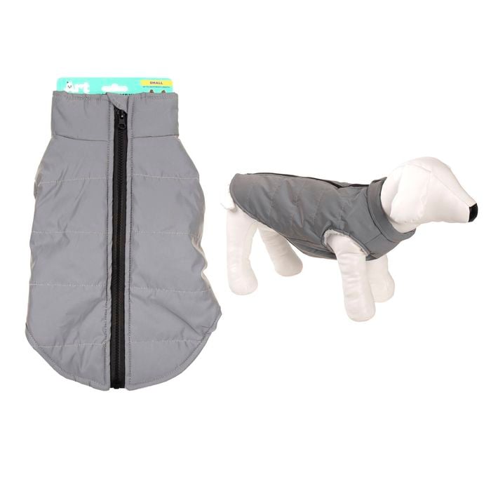 Gray dog coat with a black zipper on a white background at Pet Servo