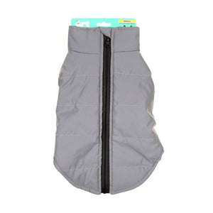 Gray dog vest with a black zipper on a white background at Pet Servo