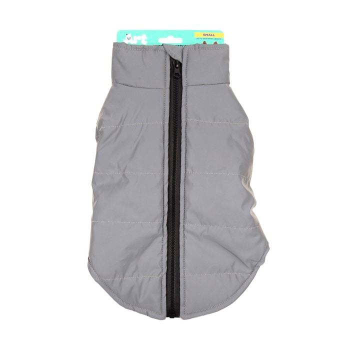 Gray dog vest with a black zipper on a white background at Pet Servo