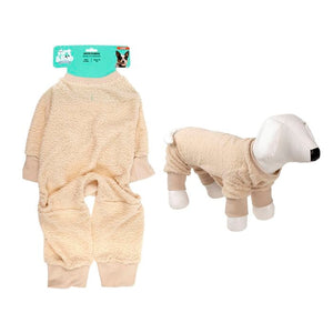 Beige fleece dog onesie with a white dog model wearing it on a white background at Pet Servo