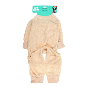 Beige fleece dog pajamas with a brand tag on a white background at et Servo