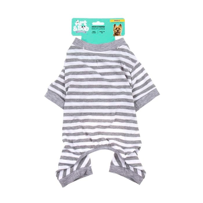Striped dog pajama with a brand label on a white background