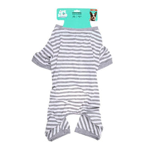 Striped pet dress with a brand tag on a white background