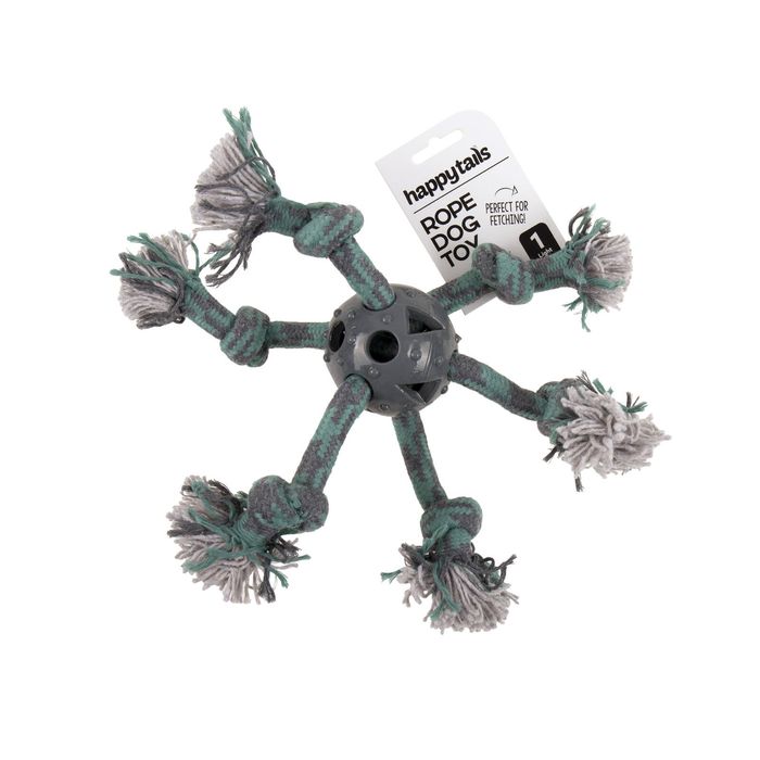 A rope dog toy with a dark gray central hub and six knotted teal and gray rope tails, shown with a white product tag on a plain white background.