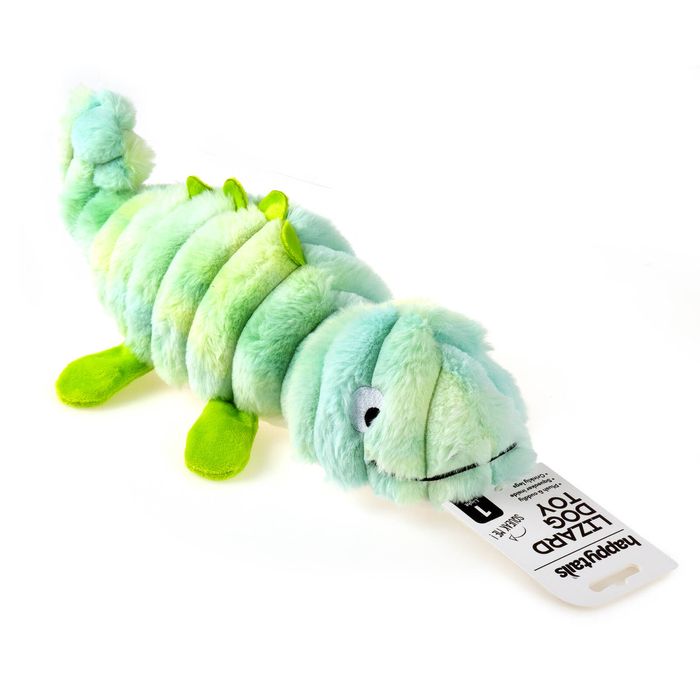 A plush caterpillar dog toy in shades of mint green, light green, and lime green, with a white hang tag attached to its mouth. The tag shows the brand name 'kayteeables'.