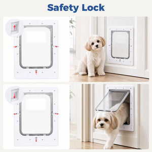 A pet door safety lock product shown in a collage with a small white dog. The top text reads 'Safety Lock at Pet Servo