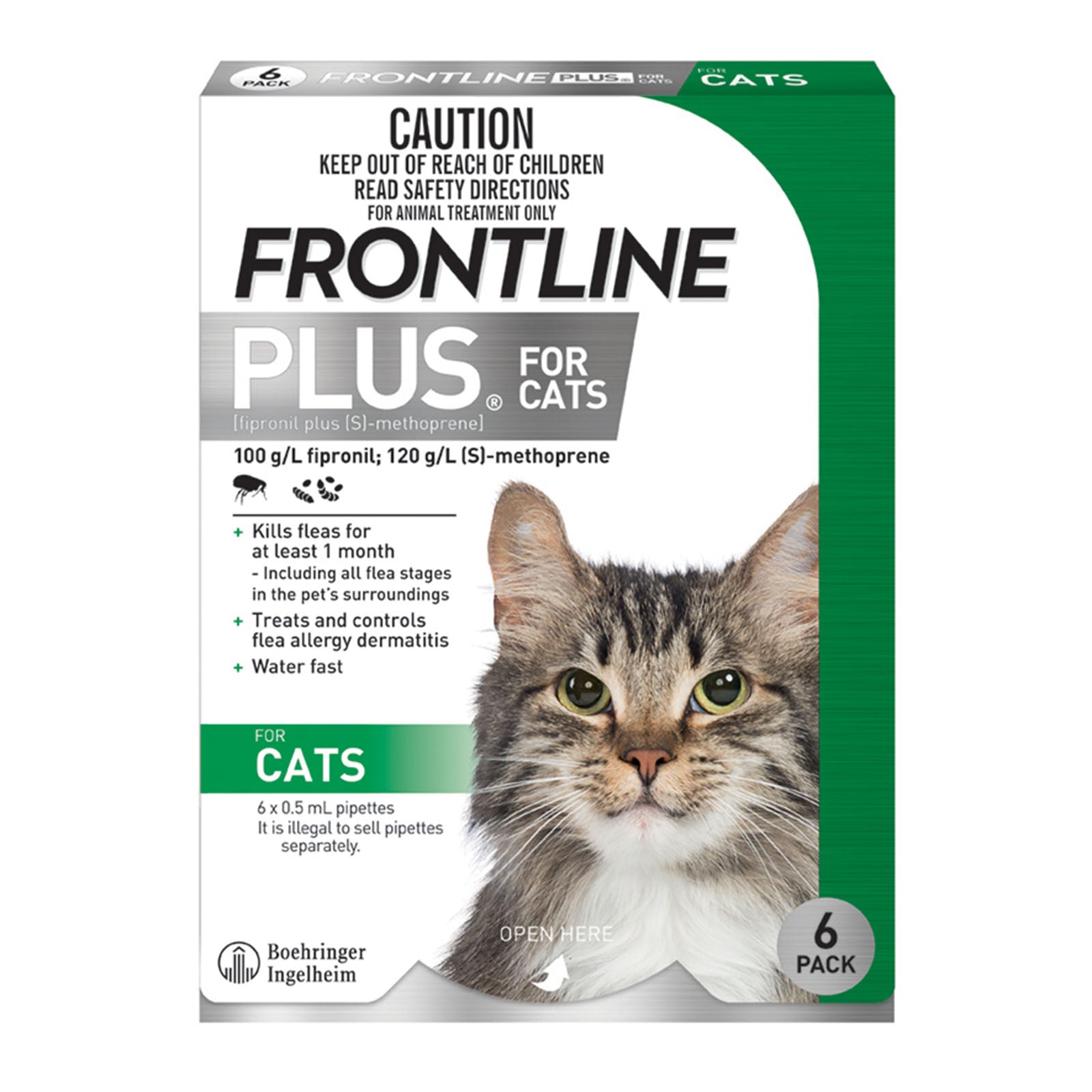 Frontline Plus for cats packaging with a cat's face on a white background