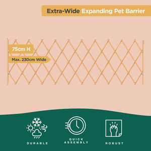 Extra-Wide Expanding Pet Barrier with dimensions and features on a beige and green background