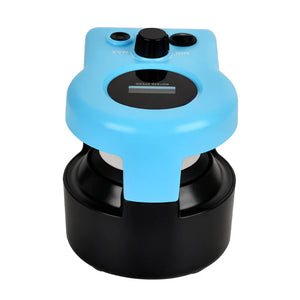 Blue and black device with a digital display on a white background