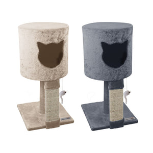 Two cat scratching posts, one beige and one gray, on a white background at Pet Servo