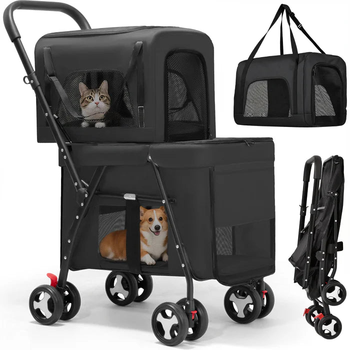 Black pet stroller with two mesh compartments, one for a cat and one for a dog, on a white background at Pet Servo