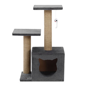 Cat tree with two platforms and a scratching post on a white background at Pet Servo