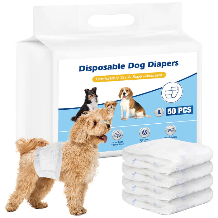Packaging of disposable dog diapers with a dog wearing a diaper and additional diapers stacked below.