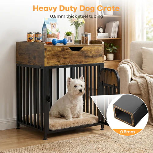 Dog crate with a dog inside in a living room setting, featuring 0.8mm thick steel tubing at Pet Servo