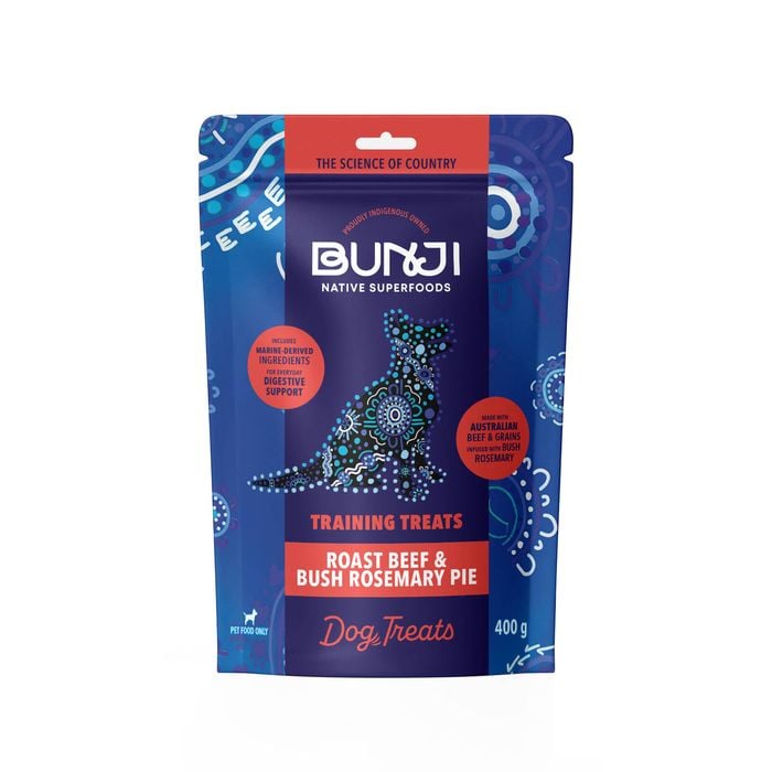 BUNJI dog treat package with blue and red design on a white background at Pet Servo