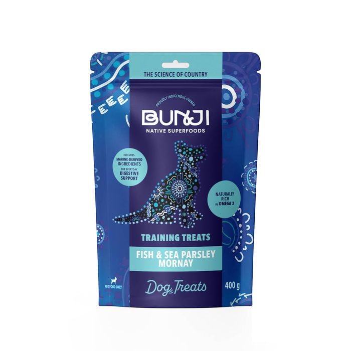 BUNJI dog treats packaging with blue and white design on a white background at Pet Servo