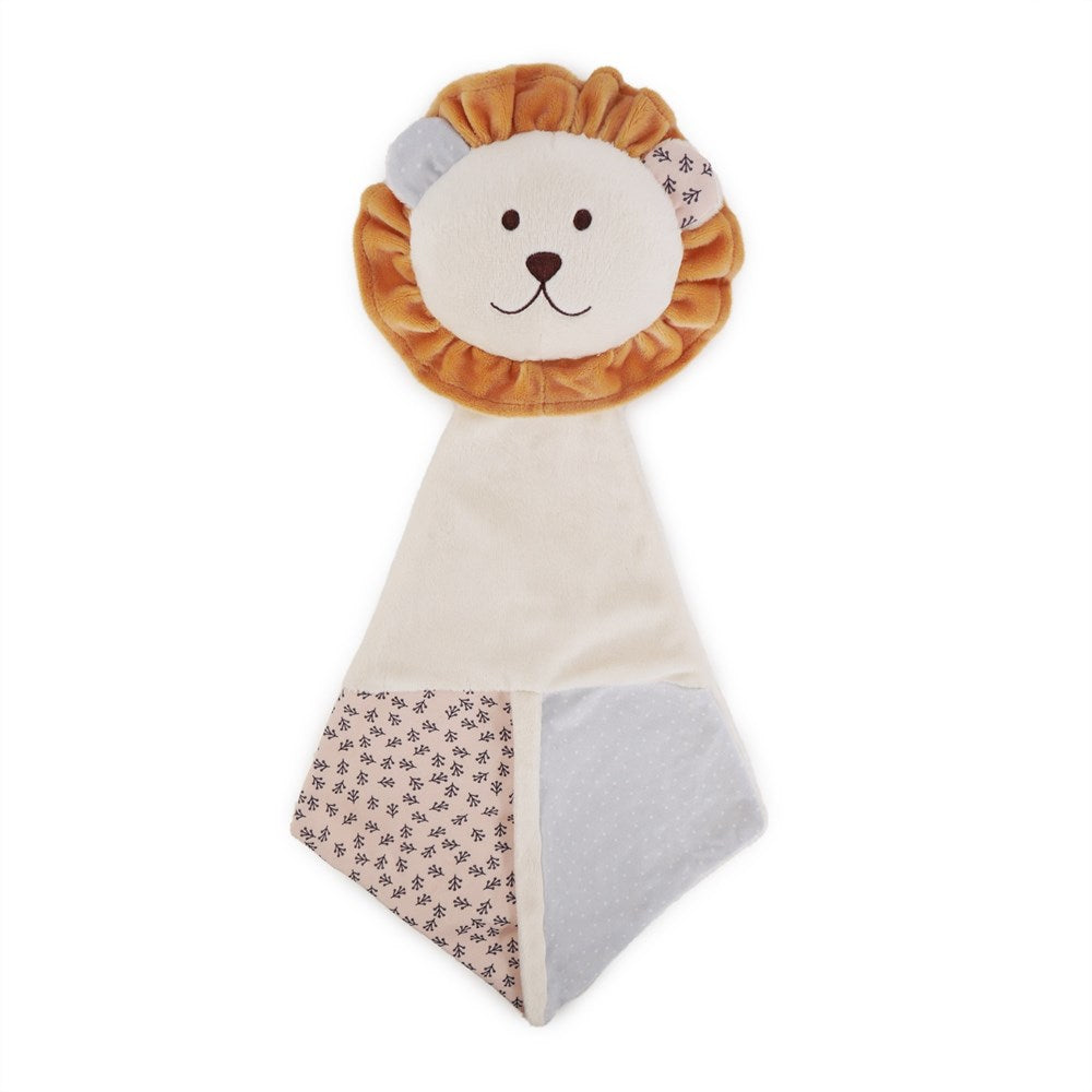 A plush dog toy resembling a lion with a crinkle blanket attached, featuring a white and grey color palette with a rosewood brand tag.