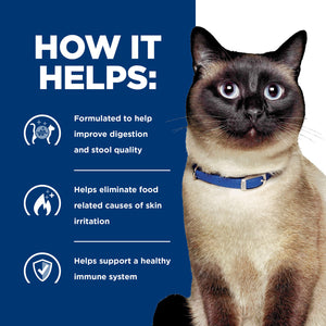 Cat wearing a blue collar with text about product benefits on a blue background