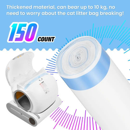 A roll of thickened white cat litter bags with a blue band, shown alongside a white plastic bag dispenser. The image includes promotional text stating 'Thickened material, can bear up to 10 kg, no need to worry about the cat litter bag breaking!' and '150 COUNT' on a blue and white background at Pet Servo