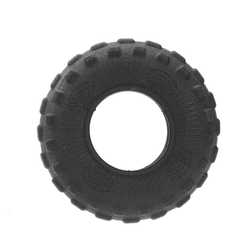 Black tire-shaped dog toy on a white background at Pet Servo