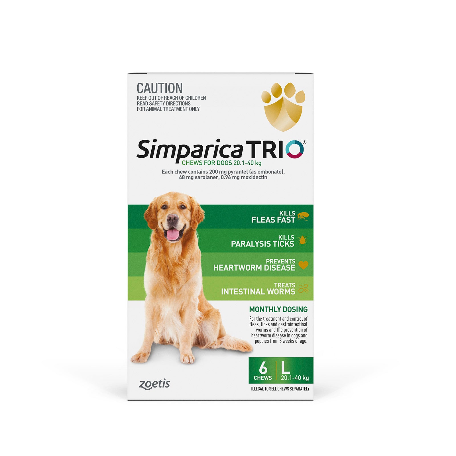 Simparica TRIO 6 chews packaging for dogs with a dog on the label on a white background at Pet Servo