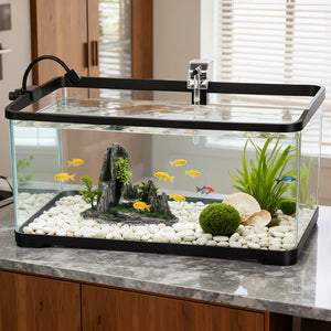 Fish tank with decorative elements on a countertop in a home setting