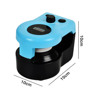 Blue and black device with digital display and measurement dimensions on a white background