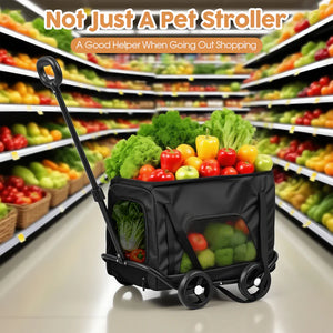 Pet stroller filled with groceries in a supermarket setting