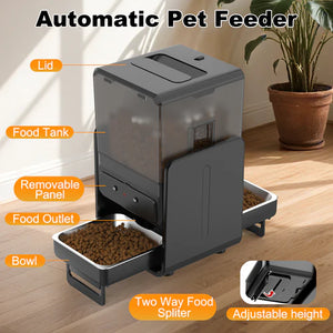 Automatic pet feeder with labeled parts on a wooden floor at Pet Servo