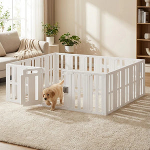 White pet playpen with a puppy inside in a living room setting at Pet Servo