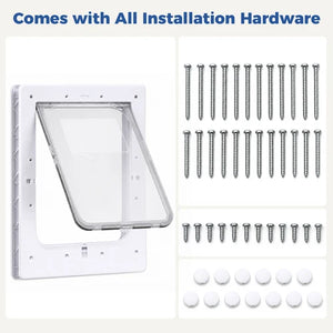 White pet door frame with a clear hinged flap shown on a white background, with text reading 'Comes with All Installation Hardware' and arranged screws, washers, and mounting pieces to the right at Pet Servo