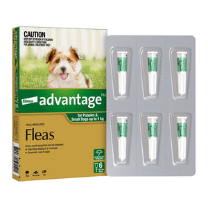 Elanco Advantage flea treatment packaging for small dogs with a dog on the box at Pet Servo