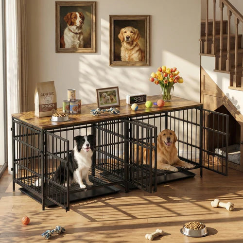Two dogs in separate cages within a larger cage in a home setting with pet toys and food at Pet Servo