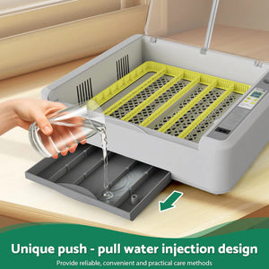 Hand pouring water into a device with a push-pull water injection design on a wooden surface.