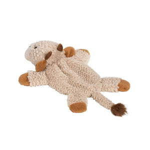 A plush sheep toy with a textured cream-colored fleece body and brown accents on its horns, hooves, and tail tip, shown on a plain white background.