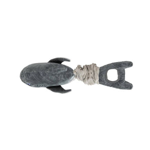 A plush whale toy with a dark gray body, textured gray tail, and a beige rope wrapped around its midsection, shown against a plain white background.