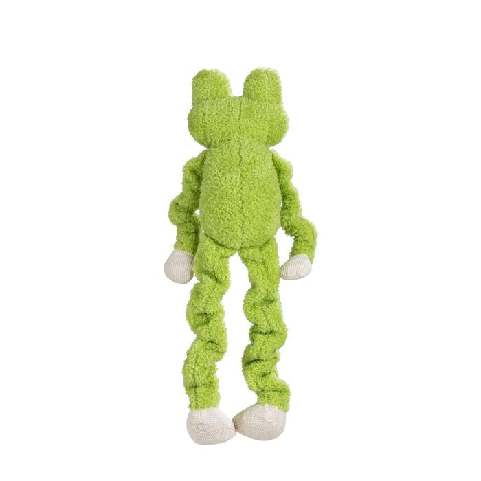 A green plush frog toy with textured, curly limbs and white fabric paws and feet, shown from the back on a solid white background.