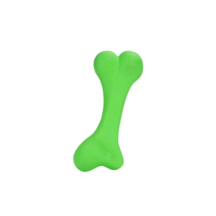 A bright green dog toy shaped like a bone, centered on a plain white background.