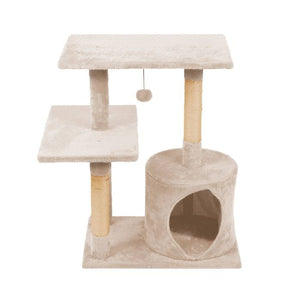 Beige cat tree with multiple levels and a cylindrical hideout on a white background at Petservo