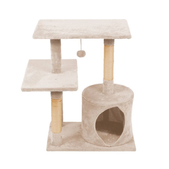 Beige cat tree with multiple levels and a cylindrical hideout on a white background at Petservo
